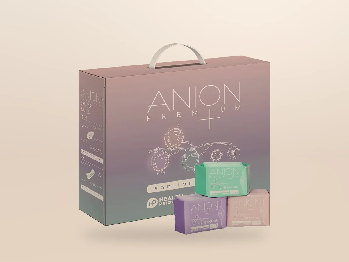 Anionen-Binden (Box mit 19 Packungen) — auf beigem Hintergrund, Foto 1